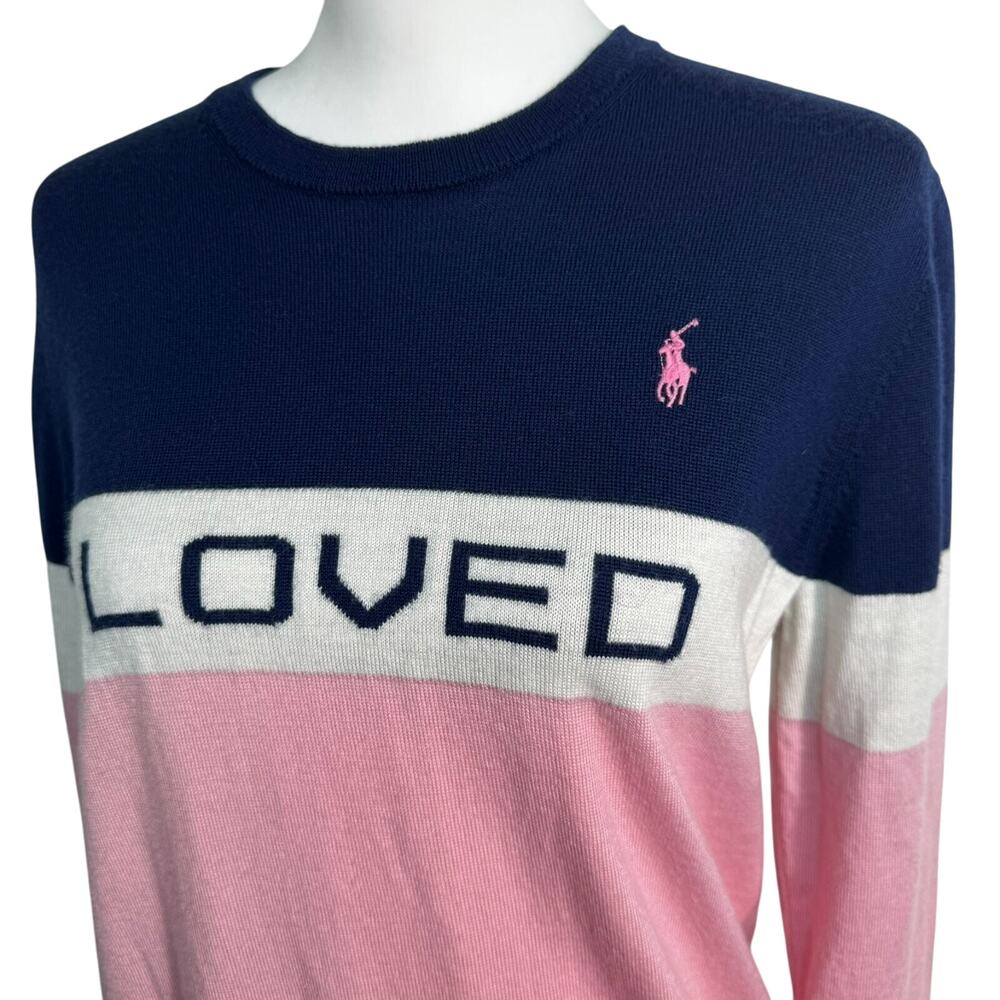 POLO RALPH LAUREN Women's Medium Navy White Pink Merino Wool LOVED Pony Sweater - Picture 3 of 10